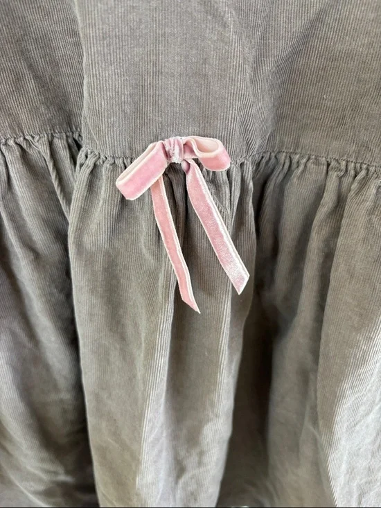 Hanna Andersson Corduroy Brown Long-Sleeve Cotton Dress with Pink Bow sz 9/10 - Picture 3 of 7